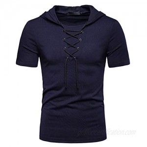 SSDXY Mens Short Sleeve Hoodies T-Shirt Drawstring Lace Up Cross Front Workout Athletic Muscle Tops with Hoods Plain