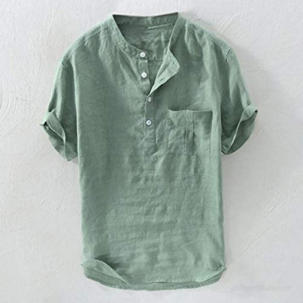 Tantisy Men's Breathable T Shirts Summer New Pure Cotton Hemp Button Short Sleeves Fashion Large Blouse Solid Color Tops