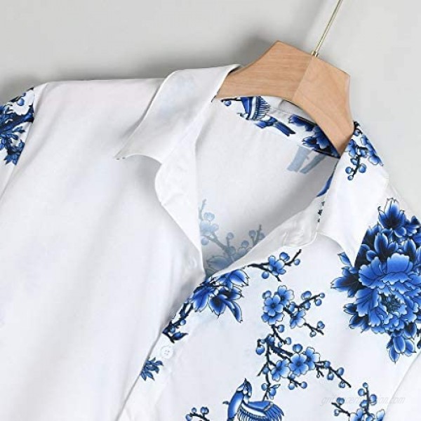 Tantisy Mens Tops Loose Tee Shirts Lump Chest Flower Print Short Sleeve Turn-Down Collar Round Hem Button Shirts Blouses