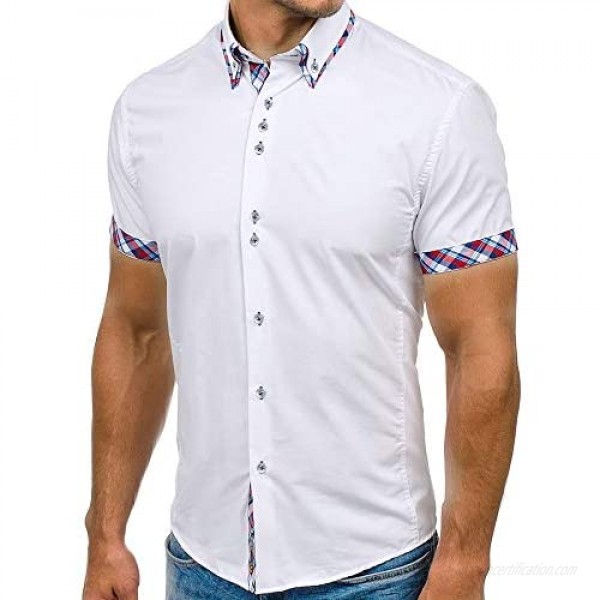 WEUIE Men Shirts Men's Summer Casual Button Double Collar Slim Patchwork Short Sleeve T-Shirt Top Blouse