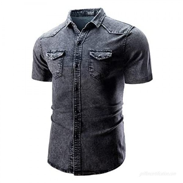 WEUIE Men's Shirts Retro Casual Button-Down Shirts with Pocket Slim Fit Short Sleeve Tops Blouse
