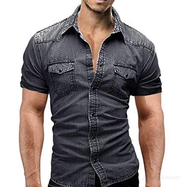 WEUIE Men's Shirts Retro Casual Button-Down Shirts with Pocket Slim Fit Short Sleeve Tops Blouse