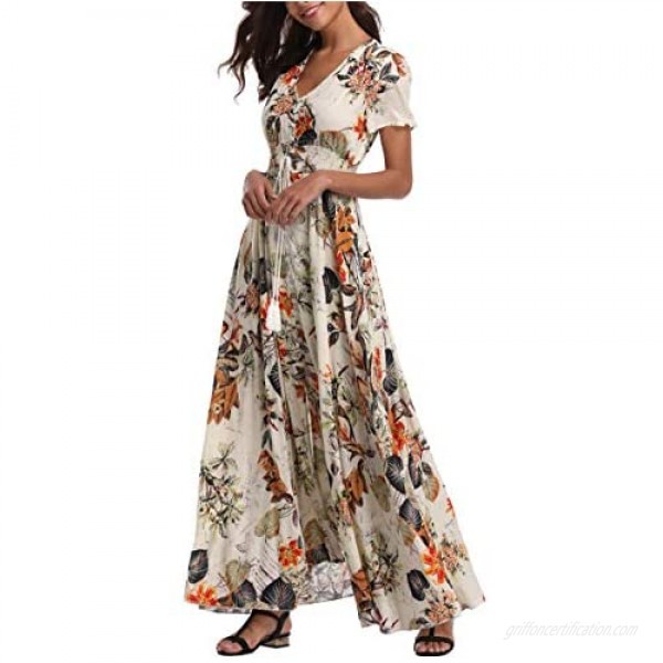 1stvital Women's Floral Maxi Dresses Boho Summer Beach Dress Short Sleeve Button Up Split Party Dress