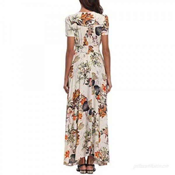 1stvital Women's Floral Maxi Dresses Boho Summer Beach Dress Short Sleeve Button Up Split Party Dress