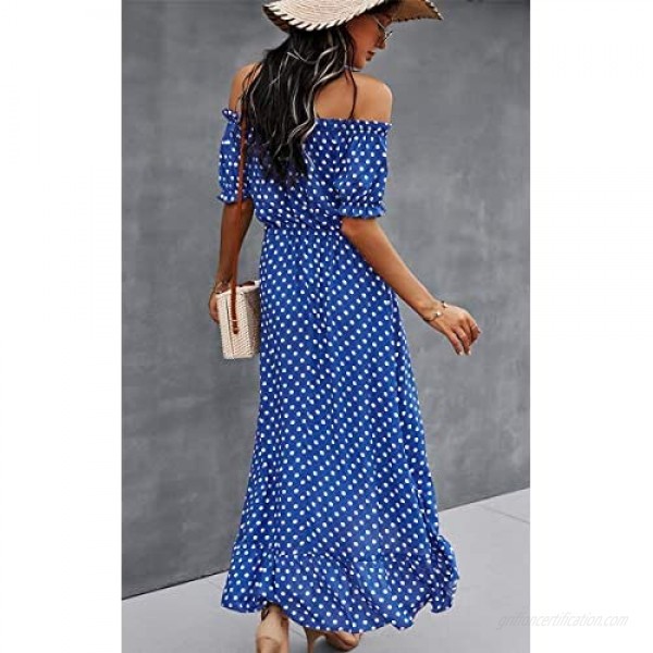 Angashion Women Dresses Off Shoulder Ruffle Casual Short Sleeves Polka Dot Floral Maxi Dress with Belt