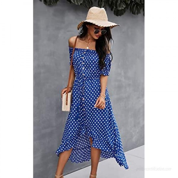 Angashion Women Dresses Off Shoulder Ruffle Casual Short Sleeves Polka Dot Floral Maxi Dress with Belt
