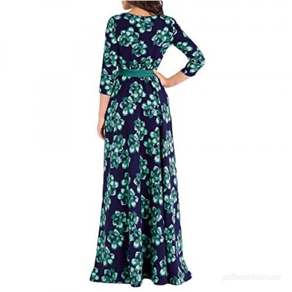 AOOKSMERY Women's Elegant Floral Print 3/4 Sleeve Pockets Pleated Dress Casual Swing Maxi Dresses with Belt