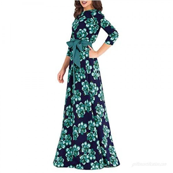 AOOKSMERY Women's Elegant Floral Print 3/4 Sleeve Pockets Pleated Dress Casual Swing Maxi Dresses with Belt