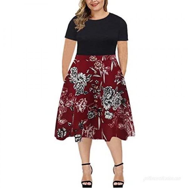 BEDOAR Women's Plus Size Work Party Dresses Short Sleeve Colorblock Button Down Knee-Length Flared A-Line Dress with Pockets