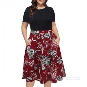 BEDOAR Women's Plus Size Work Party Dresses Short Sleeve Colorblock Button Down Knee-Length Flared A-Line Dress with Pockets