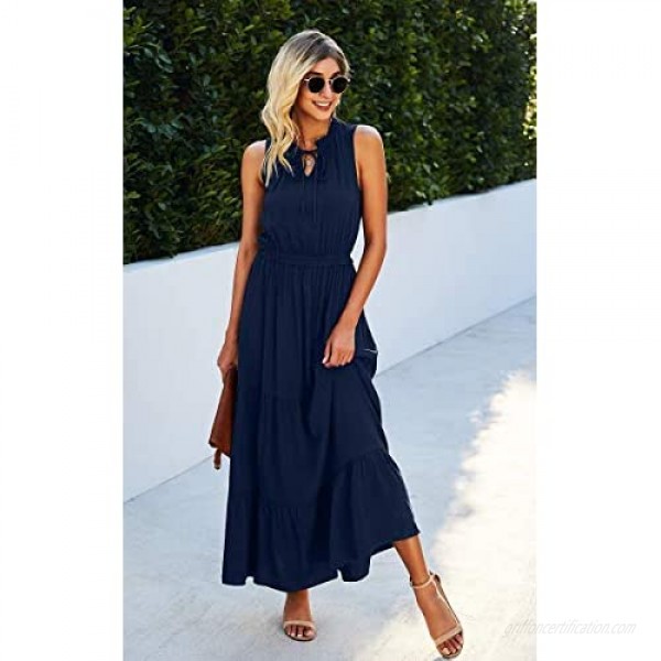 CinShein Womens V Neck Spaghetti Strap Maxi Long Dresses Summer Casual Sleeveless Solid Button Down Beach Party Midi Dress