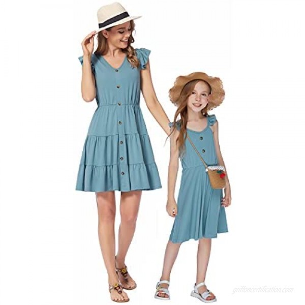 Greatchy Mommy and Me Dresses Ruffle V-Neck Short Sleeve Cotton Matching Family Outfits Summer Dress