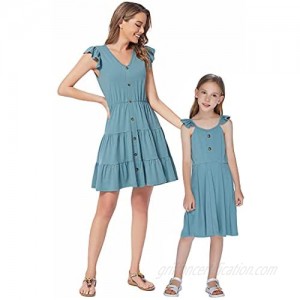 Greatchy Mommy and Me Dresses Ruffle V-Neck Short Sleeve Cotton Matching Family Outfits Summer Dress