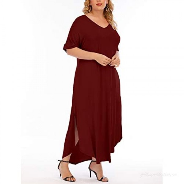 Gxlu Women's Short Sleeve Plus Size Maxi Dresses Casual Summer Dresses Loose Floral Print Split Long Dresses with Pockets