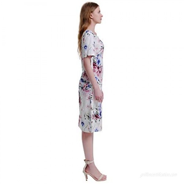 HANYOUNG Women Casual Floral Print Short Sleeve Dresses Cotton Linen Plus Size Loose Dresses with Pockets
