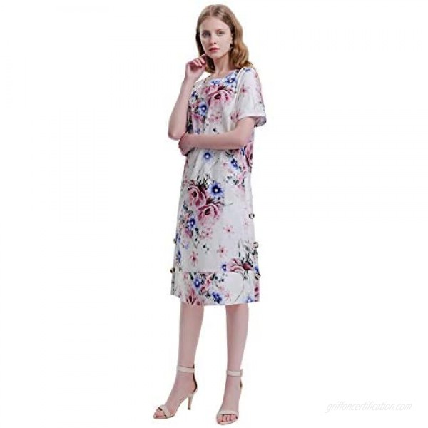 HANYOUNG Women Casual Floral Print Short Sleeve Dresses Cotton Linen Plus Size Loose Dresses with Pockets