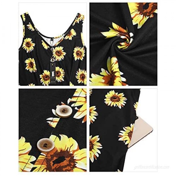 II ININ Women's Casual Summer V Neck Sleeveless Button Down Tank Dress Midi Floral Beach Party Sundress with Pockets