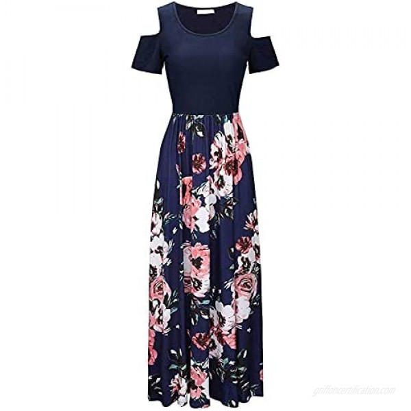 Kancystore Women's Short Sleeve Floral Maxi Dresses Cold Shoulder Dress with Pockets