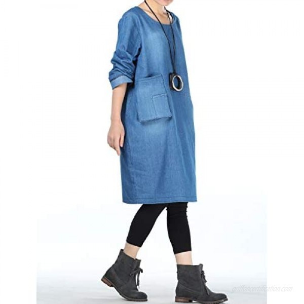 Mordenmiss Women's Denim Dresses Long Sleeve Casual Shirt Dress with Unique Pockets