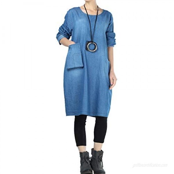 Mordenmiss Women's Denim Dresses Long Sleeve Casual Shirt Dress with Unique Pockets