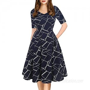 oxiuly Women's Vintage Elegant V-Neck Casual Party Cocktail Swing Dress Knee-Length Work Dress with Pockets OX295