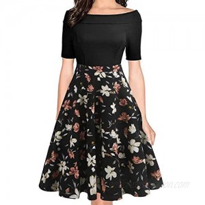 oxiuly Women's Vintage Off Shoulder Pockets Casual Floral A-Line Party Cocktail Swing Dress OX232