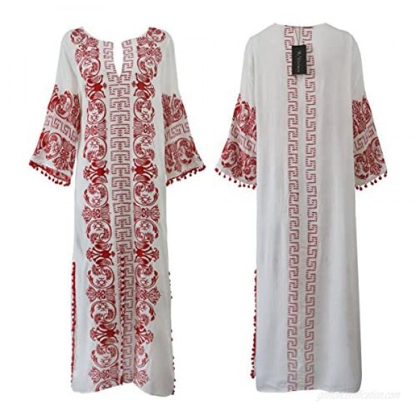 R.Vivimos Women Half Sleeve V Neck Tassel Cotton Vintage Embroidered Slit Casual Long Dress