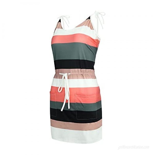 TAYBAGH Casual Dresses for Women Summer V Neck Sleeveless Stripe Spaghetti Solid Dress Swing Sling Strap Dress with Belt