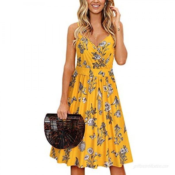 VOTEPRETTY Women's V Neck Floral Spaghetti Strap Sundress Casual Summer Party Swing Dress with Pocket