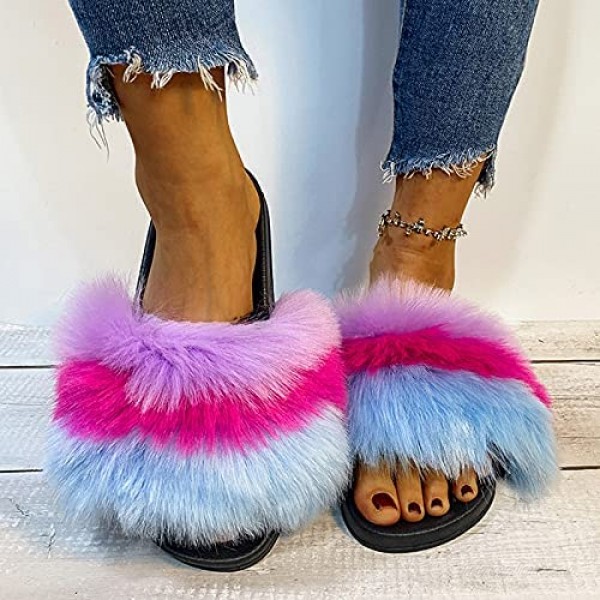 Open Toe Best Sandals for Flat Feet with Colorful Fur Design Lightweight Soft Sole Indoor Outdoor Simple Beautiful Breathable Summer Strappy Sandals Dressy Summer Flats Sandals