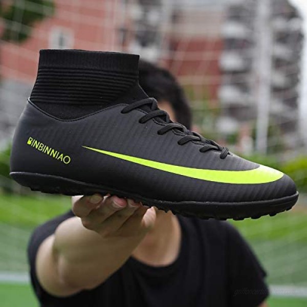 Binbinniao CR Soccer Boots Indoor - TF Turf Cleats Boys - High Tops Ankle Boots Women Turf - Messi Outdoor Soccer Shoes - Men Size Black