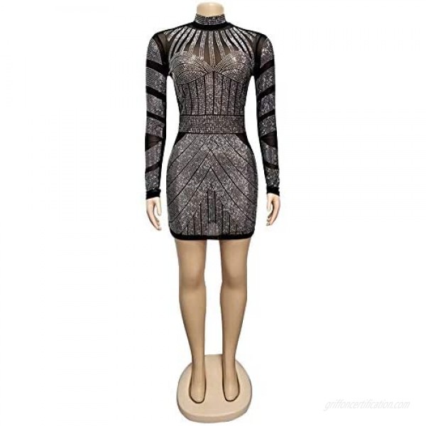 Adogirl Sexy Club Outfits for Women - Sheer Mesh Rhinestone See Through Bodycon Mini Dress Pencil Skirts