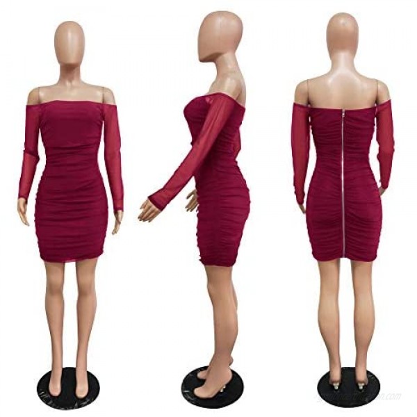 Akk Womens Sexy Mesh Sheer Off Shoulder Long Sleeve Multi Wear Ruched Zip up Bodycon Sheath Mini Dress