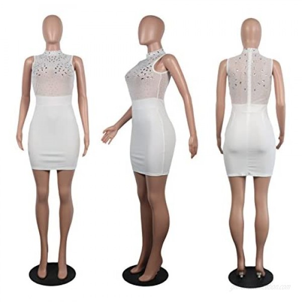 Choichic Women's Rhinestone Bodycon Mini Dress - Sexy Sleeveless Mesh Club See Through Dress