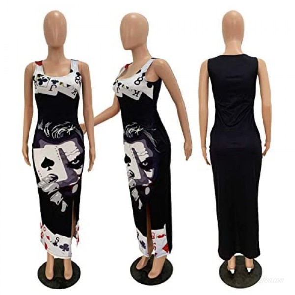 cnFaClu Women Fashion Printing Sleeveless Backless Shirt Casual Irregular Hem Party Club Slit Dresses
