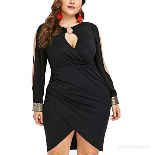 Fashion Long Sleeve Women Sequin Plus Size Keyhole Neck Ring Slit Bodycon Dress