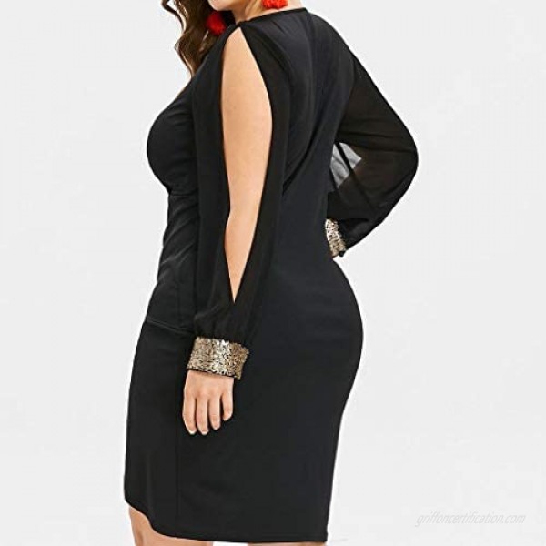 Fashion Long Sleeve Women Sequin Plus Size Keyhole Neck Ring Slit Bodycon Dress