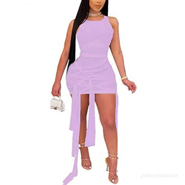 GEMEIQ Womens Sexy Bodycon Dress Sheer Mesh See Through Bandage Sleeveless Clubwear Party Mini Dress