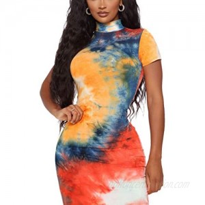 JTNFairy Womens Casual Tie-Dye Print Mini Club Dress Colorful Bodycon Short Sleeve Pencil Dresses