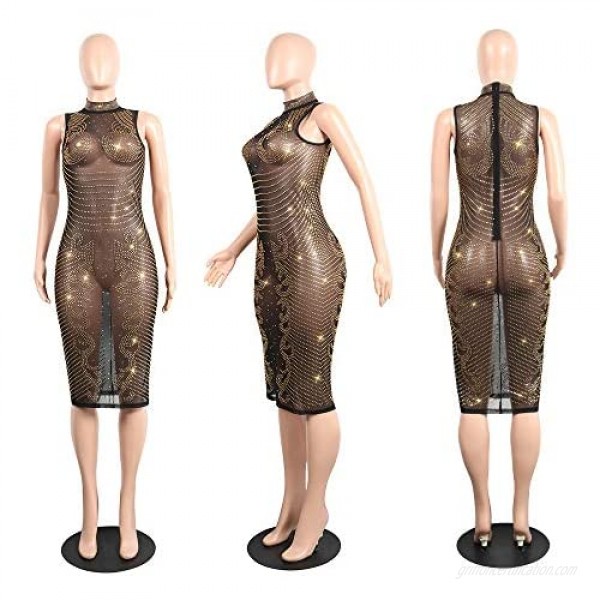 JUNBOON Women's Sexy Mesh See Through Rhinestone Bodycon Zipper Midi Dress Clubwear Outfit