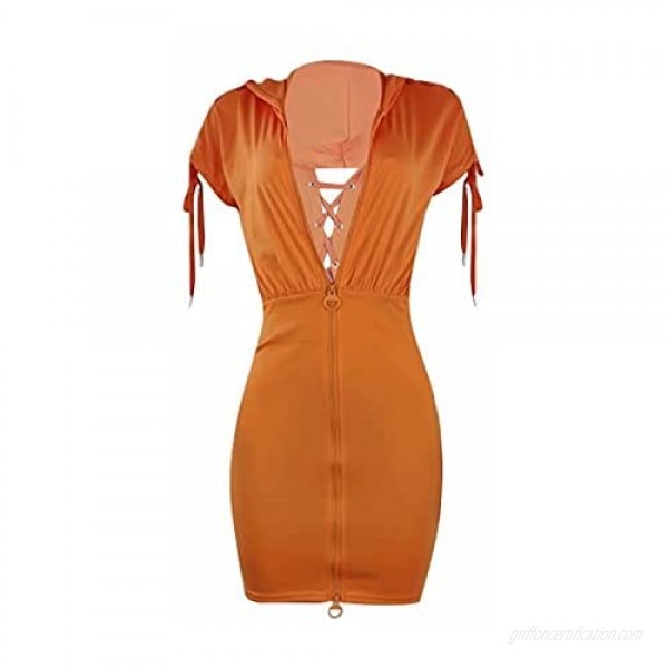 JURIS Women Summer Short Sleeve V Neck Hooded Zipper Hollow Out Lace Up Bodycon Mini Dress