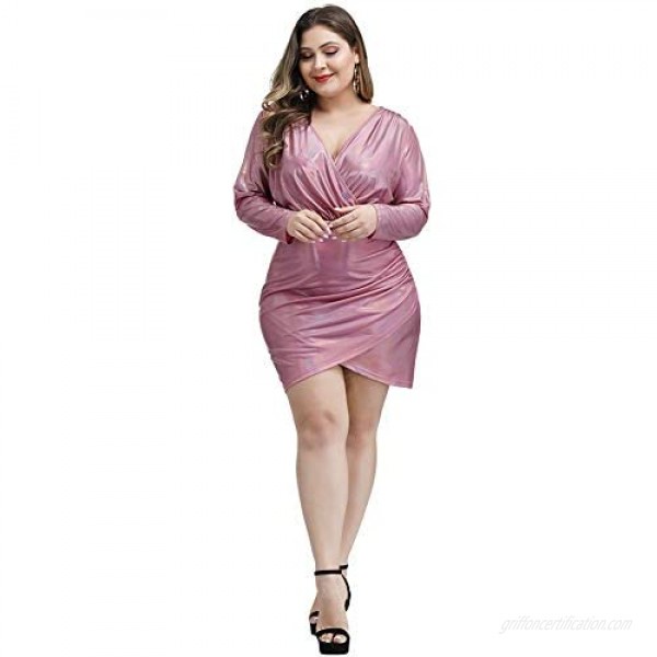 Love is Lovely Women's Plus Size V-Neck Foil Print Long Sleeves Christmas Cocktail Party Club Midi Dress