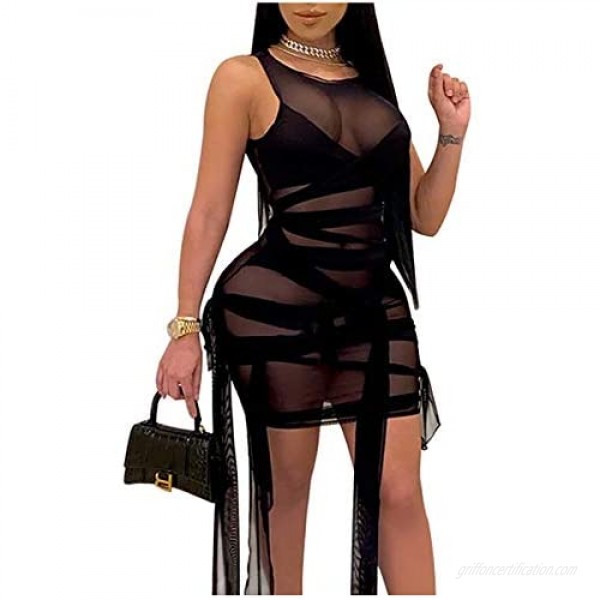 L'VOW Women's Sexy Bodycon Irregular Bandage Sheer Mesh Bodysuit Sleeveless Open Back Pencil Dress