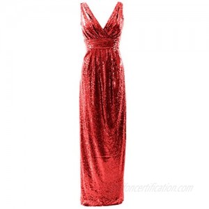 MACloth Women Bridesmaid Dresses V Neck Sleeveless Sequin Formal Evening Gown