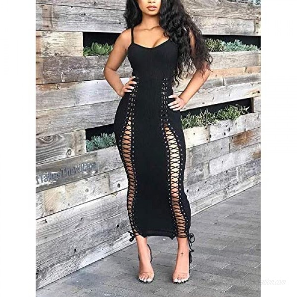 OLUOLIN Womens Sexy Lace up Spaghetti Straps Hollow Out Backless Knit Ribbed Bandage Bodycon Long Maxi Dress