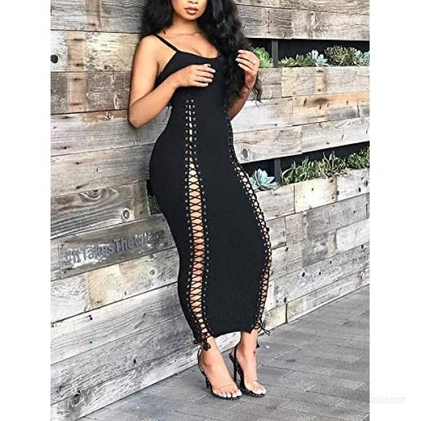 OLUOLIN Womens Sexy Lace up Spaghetti Straps Hollow Out Backless Knit Ribbed Bandage Bodycon Long Maxi Dress