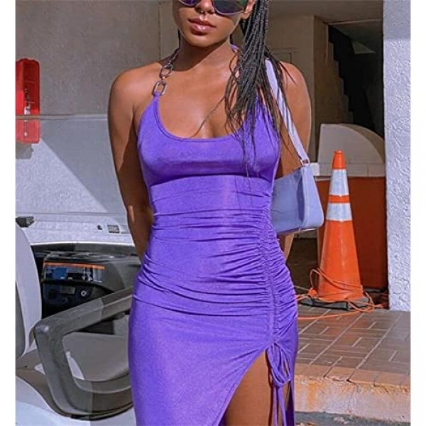 PRIMODA Womne's Sleeveless Chain Halter Drawstring Side Slit Ruched Bodycon Midi Dress Backless Night Out Clubwear