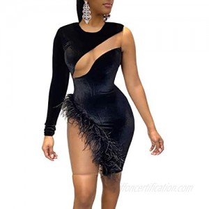 Remxi Women Sexy Mini Feather Dress Deep V Neck Long Sleeve Mesh Patchwork Solid Party Club Bodycon Dresses
