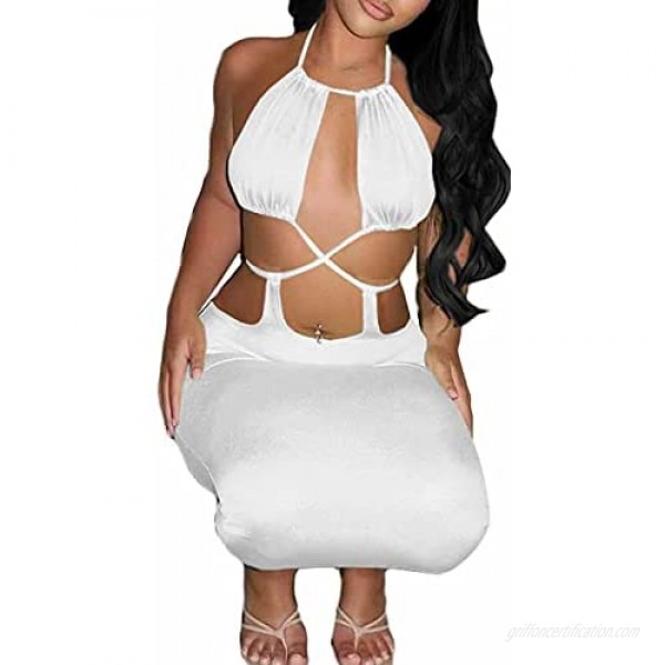 Sexy Halter Dress for Women Sleeveless Cutout Crop Top Backless Bandage One Piece Hight Split Maxi Wrap Dress