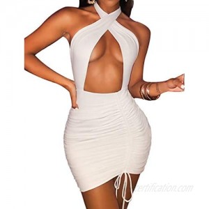 Women Sexy Bodycon Mini Club Ruched Dress Criss Cross Halter Sleeveless Cut Out Hollow Out Drawstring Dresses